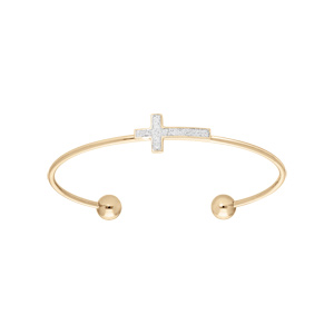 Bracelet jonc en acier et PVD jaune ouvert avec croix effet pailletté blanc