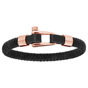 Bracelet en acier et PVD rose cuir noir tressé – fermoir vissé 20cm