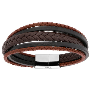 Bracelet en acier et cuir plusieurs rangs marron et noir 20cm