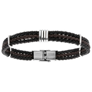 Bracelet en acier et tresse pu noir et marron 20cm réglable