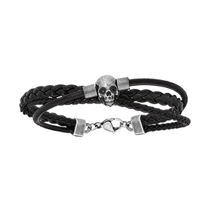 Bracelet en acier et cuir noir cordon tresse pu tête de mort 21cm