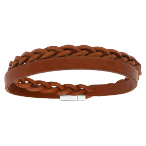 Bracelet en acier et cuir marron enroulé tresse