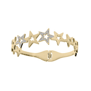 Bracelet rigide en acier et PVD jaune articulé étoile avec strass
