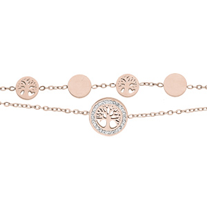 Bracelet en acier et PVD rose 2 rangs pastilles avec arbre de vie 17+3cm
