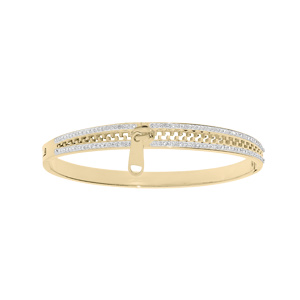 Bracelet en acier et PVD jaune rigide articulé fermeture éclair et strass