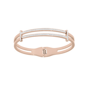 Bracelet en acier et PVD rose rigide articulé ajouré 2 bandes avec strass