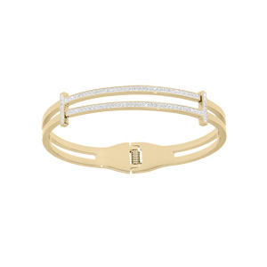 Bracelet en acier et PVD jaune rigide articulé ajouré 2 bandes avec strass