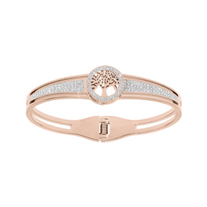 Bracelet en acier et PVD rose rigide articulé arbre de vie et strass