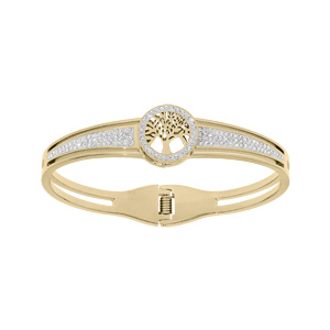 Bracelet en acier et PVD jaune rigide articulé arbre de vie et strass