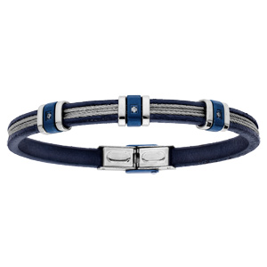 Bracelet en acier et cuir 3 câbles gris et 3 oxydes blancs 20cm