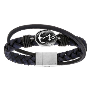 Bracelet en acier et cuir tressé bleu avec ancre marine patinée - 22cm fermoir aimanté