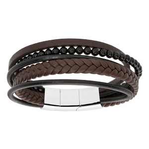Bracelet en acier et cuir marron lisses et tressés avec boules noires double fermoir 20cm