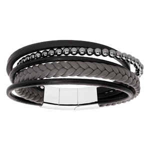 Bracelet en acier et cuir tons marron noir et gris avec boules métalisées double fermoir 20cm