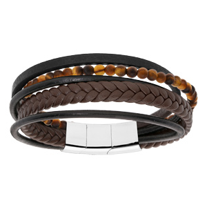 Bracelet en acier et cuir tons marron et noir avec boules Oeil de Tigre double fermoir 20cm