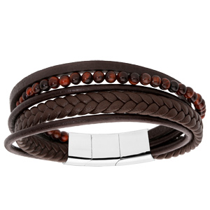Bracelet en acier et cuir marron avec boules tons marrons double fermoir 20cm