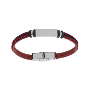 Bracelet junior en acier et cuir rouge plaque identité à graver 16cm réglable