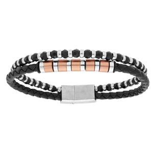 Bracelet en acier et cuir tressé noir et 1 rang boules et pierres noires 20,5cm