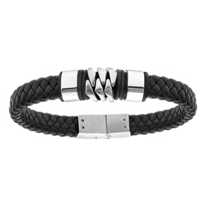 Bracelet en acier et cuir tresse noir 20,5cm