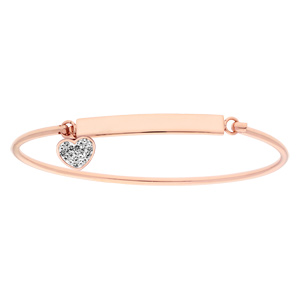 Bracelet en acier et PVD rose semi rigide plateau à graver avec pampille coeur avec oxydes blancs sertis