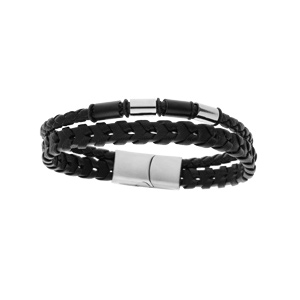 Bracelet en acier et cuir 2 rangs avec tresse noire double fermoir 20cm +1cm
