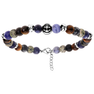 Bracelet en acier perles colorées et boules Oeil de Tigre véritable 20+2cm