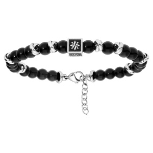 Bracelet en acier avec boules Onyx noir et boules noeud couleur argent 19,5+2,5cm