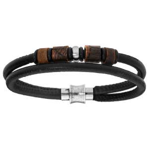 Bracelet en acier et cuir noir avec perles bois fermoir aimanté 21,5cm