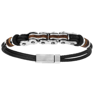 Bracelet en acier et cuir noir chaîne de moto avec bois 21cm
