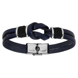 Bracelet en acier et cordon de cuir bleu motif noeud réglable 21cm