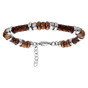 Bracelet en acier et simili cuir marron perles couleur marron et métalisées 18+3cm