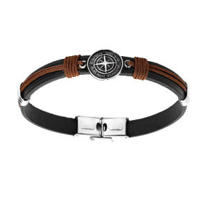Bracelet en acier et cuir noir corde marron entourant la boussole longueur 20,5cm réglable