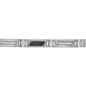 Bracelet en acier alternance de longs maillons ajourés en biais et ornés de 2 câbles gris et longs maillons avec milieu en carbone motif tressé en biais – longueur 19cm + 1,5cm réglable par double fermoir