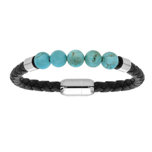 Bracelet en acier et simili cuir noir avec boules couleur turquoise et fermoir aimanté 21,5cm