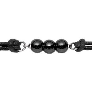 Bracelet en acier cordon doublé en coton noir avec 3 boules en céramique noire au milieu – longueur 17cm + 2cm de rallonge
