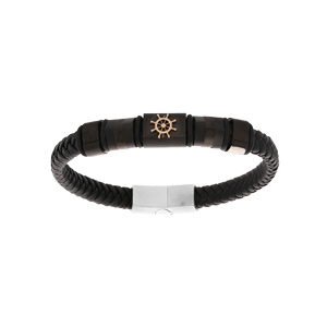 Bracelet en acier et cuir marron tressé élément motif roue de bateau 20cm