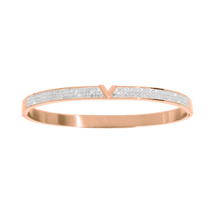 Bracelet jonc en acier et PVD rose articulé motif v avec strass