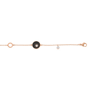 Bracelet en acier et PVD rose chaîneavec pastille noire et oxyde blanc etoilé 16+3cm
