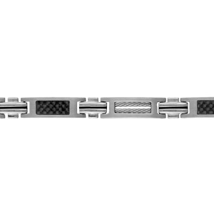Bracelet en acier alternance de petits maillons en forme de croix, longs maillons ornés de 2 câble gris au milieu et longs maillons avec carbone motif tressé au mileu – longueur 19cm + 1,5cm réglable par double fermoir