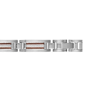 Bracelet en acier maillons ornés de 3 câbles, 2 marrons et 1 gris alternés – longueur 23cm réglable par double fermoir