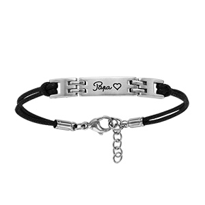 Bracelet en acier cordon doublé noir avec plaque identité gravée « Papa » avec un coeur au milieu – longueur 18cm + 2cm de rallonge