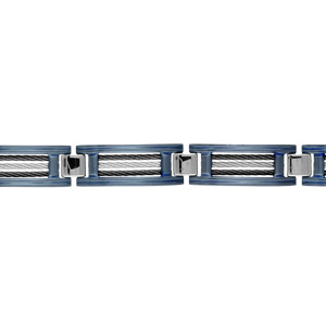 Bracelet en acier et PVD bleu maillons ornés de 3 câbles, 2 noirs et 1 gris alternés – longueur 21,5cm + 1cm réglable par double fermoir