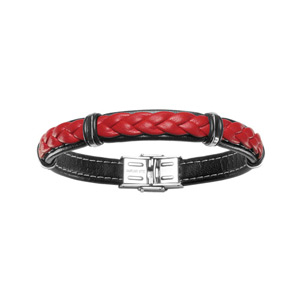 Bracelet en cuir noir avec tresse en cuir rouge et éléments en acier - longueur 20cm réglable
