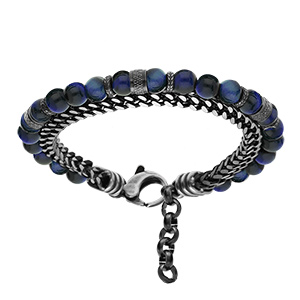 Bracelet en acier boules Oeil de tigre bleu véritable et 1 rang chainage longueur 20+3cm