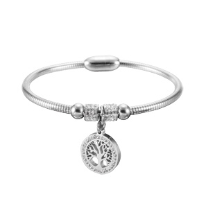 Bracelet jonc en acier rainuré avec pampille arbre de vie