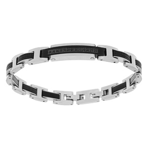 Bracelet en acier et PVD noir maillon et plaque avec pierres noires 19+1cm réglable