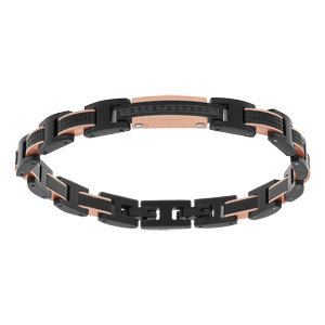 Bracelet en acier et PVD noir et rose avec plaque et pierres noires 20+1cm réglable