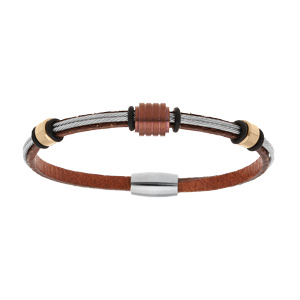 Bracelet en acier cuir marron et 2 câbles gris fermoir aimanté longueur 19,5cm