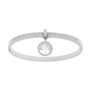 Bracelet en acier articulé décor d’oxydes blancs avec pampille arbre de vie oxydes blancs diamètre 58mm