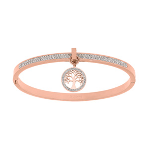 Bracelet articulé en acier et PVD rose avec rails d'oxydes blancs et pampille arbre de vie diamètre