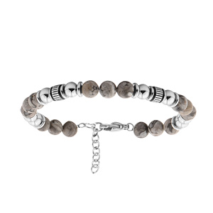 Bracelet en acier boules motifs et boules en Jaspe gris véritable longueur 19+3cm